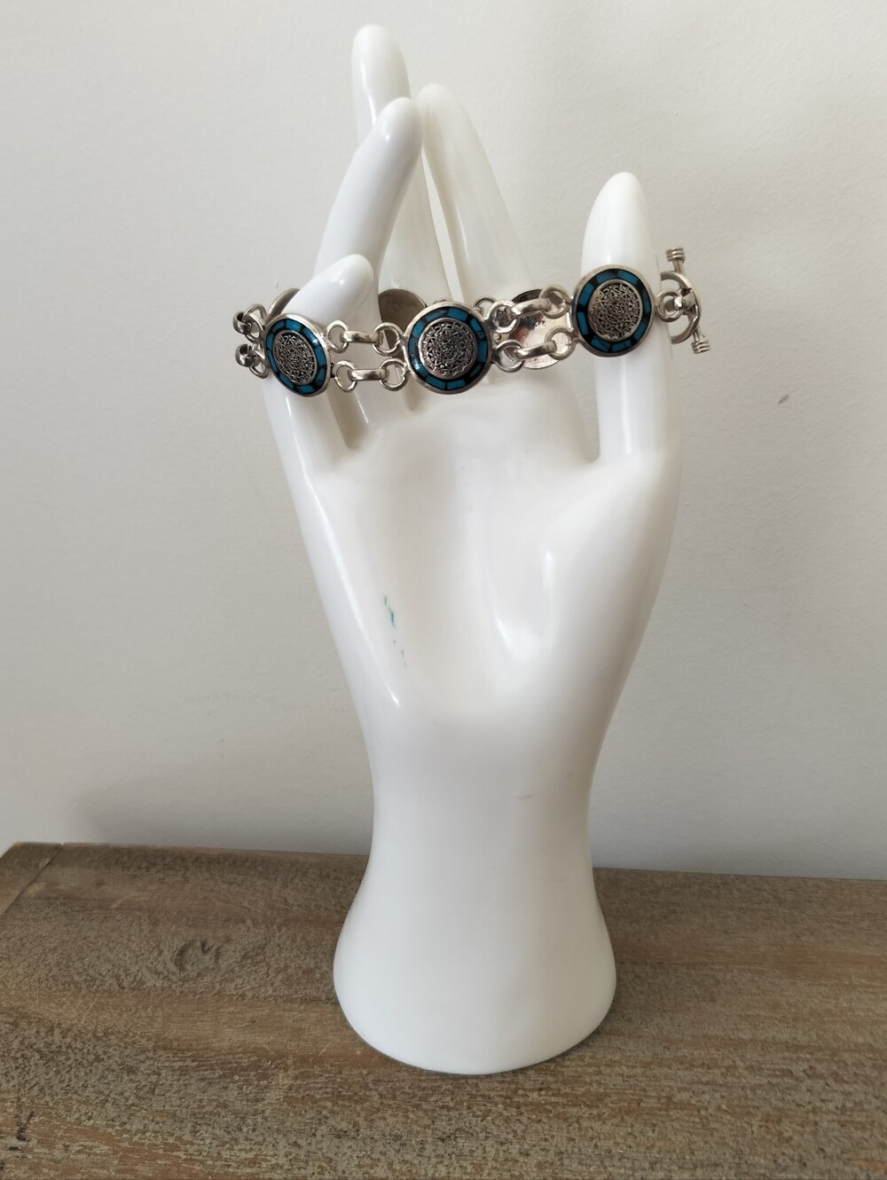 925 Mexican Sterling Silver Blue Enamel Link Bracelet